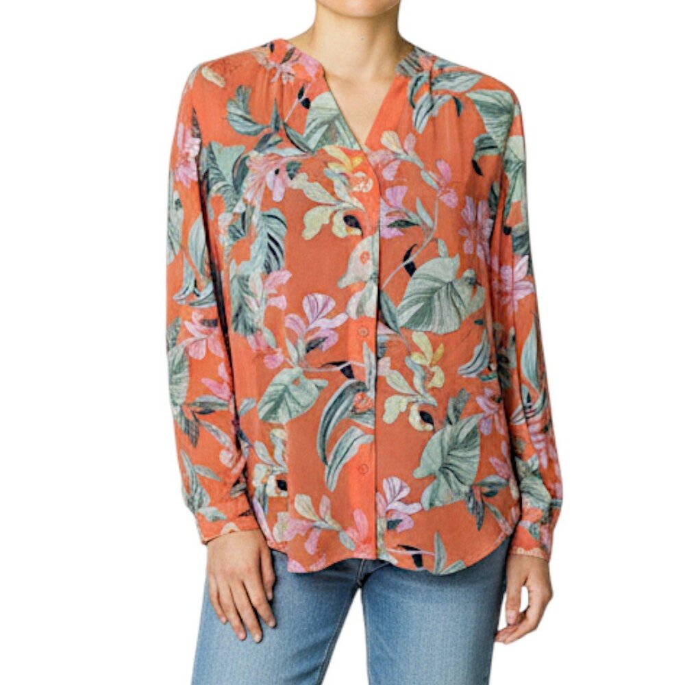 Chico's NWT Orange Floral Semi-Sheer Button Front Blouse Women's Size 6